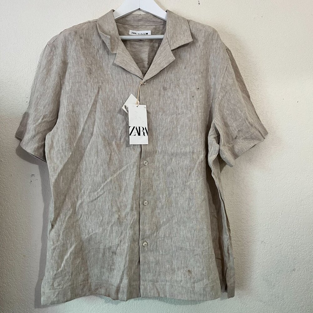 Zara Mens Linen Short-Sleeve Button-Up Shirt Large Gray Casual New$49
